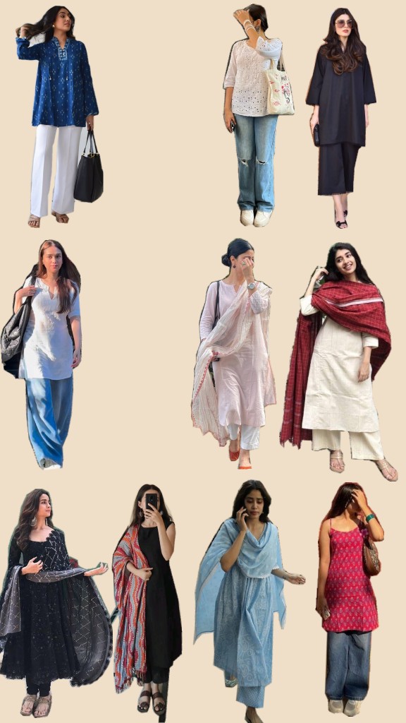 Collage of Indian women styling ethnic capsule pieces: short and long kurtas with jeans, palazzos and cigarette pants, plain and printed dupattas, and a kurti with wide-leg denim