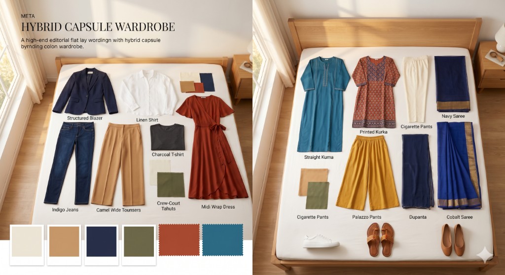Flat-lay of a hybrid Indian capsule wardrobe: structured blazer, linen shirt, indigo jeans, camel trousers, midi wrap dress alongside straight kurtas, palazzo pants, and navy and cobalt sarees in a cohesive neutral-plus-accent colour palette