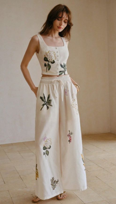 Cream sleeveless floral-embroidered crop top paired with matching wide-leg drawstring trousers, an elevated co-ord set first-date outfit reference for Indian women