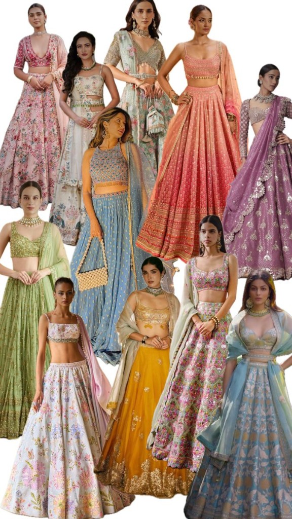 Collage of Indian wedding guest looks in lehengas and Anarkalis across pastel, jewel, peach, mustard, and ice-blue colourways with embellished blouses and dupattas