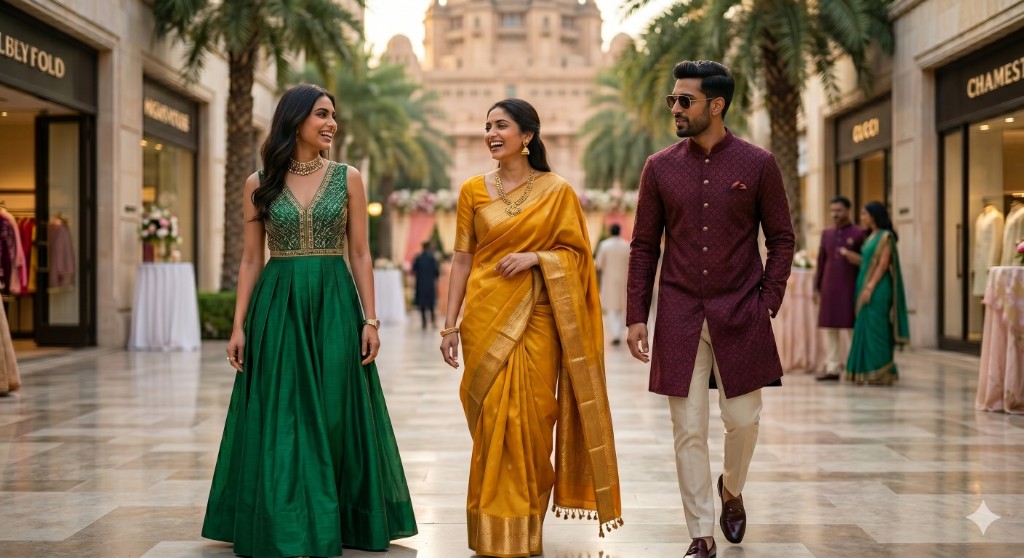 Three Indian wedding guests walking through a luxury mall arcade — woman in an emerald green Anarkali, woman in a gold silk saree, and man in a maroon bandhgala with cream trousers